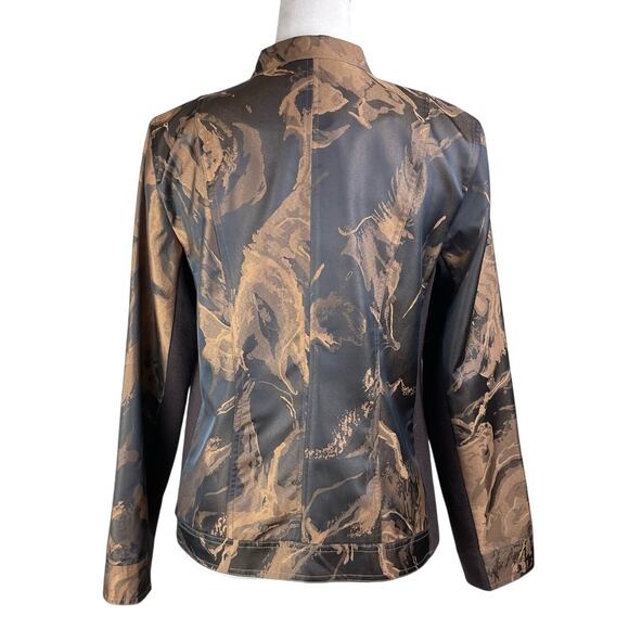 A La Carte Brown Pattern Band Collar Stretch Lightweight Button Up Jacket Pocket - Picture 2 of 12